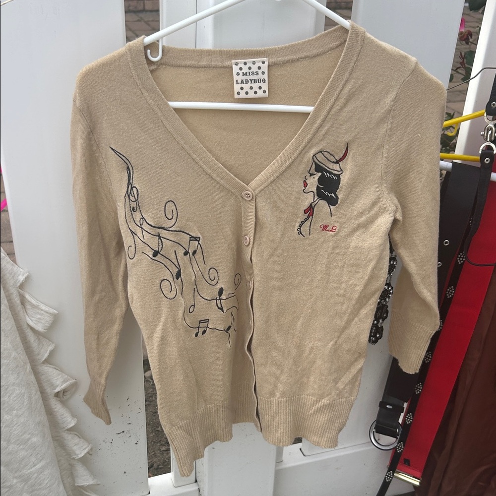 Beige Embroidered V-Neck Tunic Cardigan